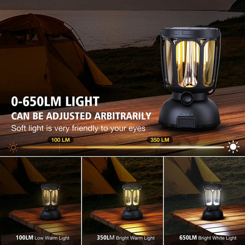 6000 Lumen LED Camping Lantern With Rechargeable Battery And Hand Crank Solar Power showing light modes
