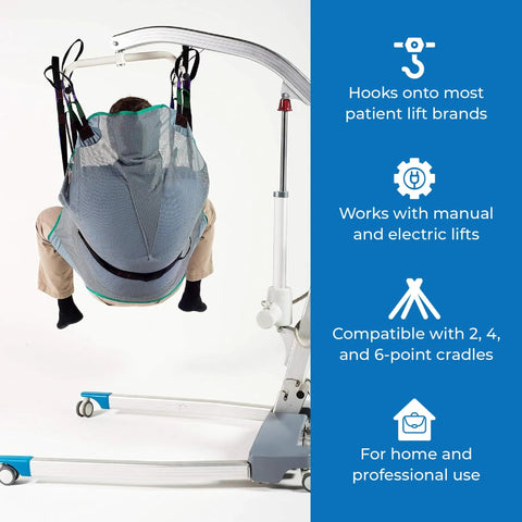 Heavy Duty Full Body Mesh Divided Leg Sling For Hoyer Lifts supporting a patient, designed for safe moving in beds or baths.