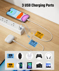 10 Foot Flat Extension Cord And Surge Protector Power Strip With Six Wall Outlets Dual USB A Plus Single USB C Charger Wide Plug Clearance And Hella Reliable Power Distribution, featuring 3 USB ports and a smartphone.