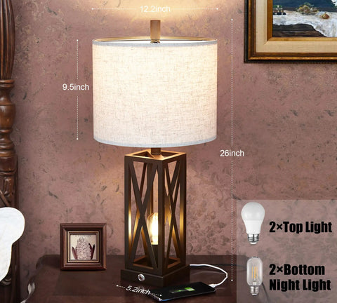 Set Of 2 Modern Bedside Lamps With Rustic Touch Control 3 Way Dimmable Lower Light And Dual USB Ports next to a small frame