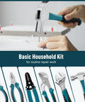 281 Piece All In One Home Tool Kit Portable Complete Basic Repair Set For DIYers And Pros Includes Socket Wrench Set Screwdriver Set Metric Hex Keys Pliers And Durable Tool Box Case shown with various tools including hammer and pliers.