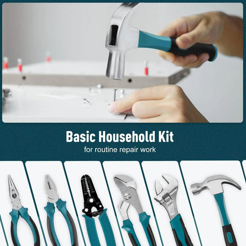 281 Piece All In One Home Tool Kit Portable Complete Basic Repair Set For DIYers And Pros Includes Socket Wrench Set Screwdriver Set Metric Hex Keys Pliers And Durable Tool Box Case shown with various tools including hammer and pliers.