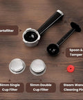 Accessories of Barista Grade Home Espresso Machine With 20 Bar Pump And Milk Frother Stainless Steel Build Compact Commercial Style Coffee Maker For Cafe Quality Lattes And Cappuccinos At Home including portafilter, filters, and cleaning pin.