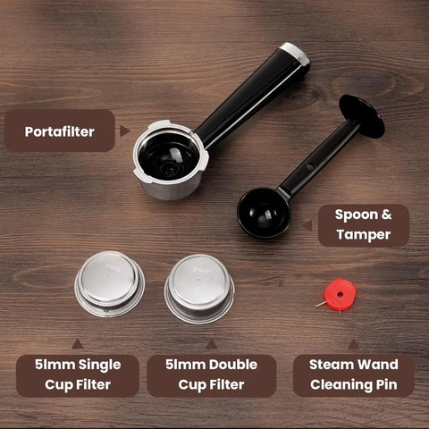 Accessories of Barista Grade Home Espresso Machine With 20 Bar Pump And Milk Frother Stainless Steel Build Compact Commercial Style Coffee Maker For Cafe Quality Lattes And Cappuccinos At Home including portafilter, filters, and cleaning pin.
