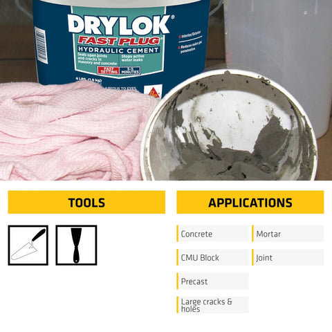 Fast Plug Hydraulic Cement For Masonry Cracks And Leaks, Stops Leaks Instantly, 4 Lb Powder Mix next to mixing bowl and cloth.