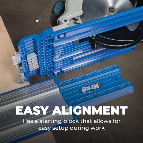 Kreg Accu-Cut XL universal track saw guide system on blue aluminum track