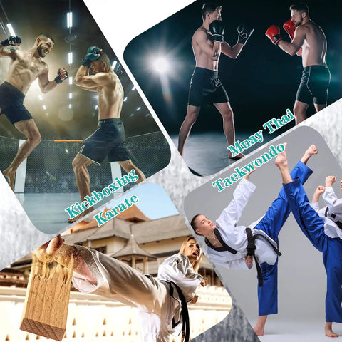 Collage of martial arts: kickboxing and karate sparring, Muay Thai fighters, and taekwondo practitioners breaking boards and performing kicks.