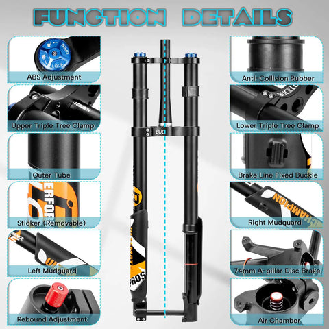 Electric Mountain Bike Front Fork With Air Suspension For 26, 27.5, And 29 Inch Wheels Inverted Design with Feature Details