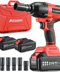 AOBEN Cordless Impact Wrench 1/2 Inch Kit With 600 Nm Max Torque And 800Nm Reverse Power, two 4.0Ah batteries, six sockets in hard case.