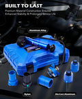 Orion Motor Tech 7pc coolant pressure tester kit in a blue plastic case with aluminum pump and 0-30 psi gauge