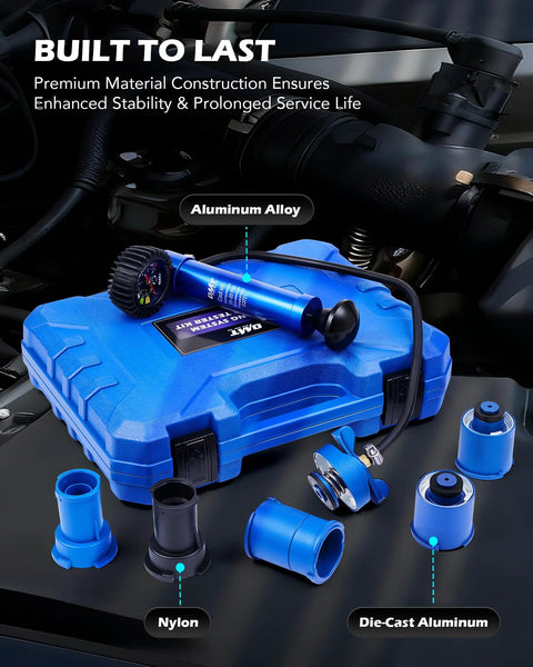 Orion Motor Tech 7pc coolant pressure tester kit in a blue plastic case with aluminum pump and 0-30 psi gauge
