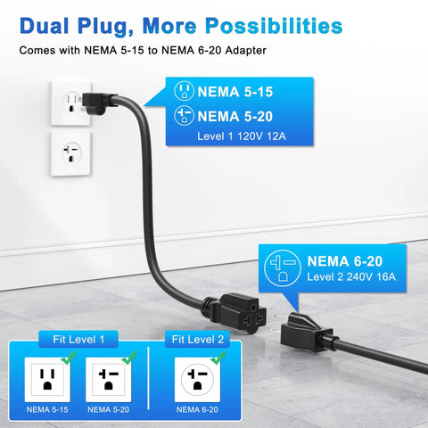 Portable Tesla EV Charger Level 1 And Level 2 16A With 21FT Cable and NEMA 5-15 to 6-20 adapters connected to wall outlets
