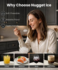 No Sweat Countertop Nugget Ice Maker Grinds Out 35 Pounds Of Smooth Crushed Pebble Ice Daily With Lightning Fast Five Minute Batches And A Roomy Built In Water Reservoir with woman enjoying ice.