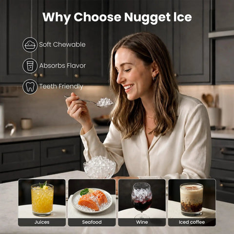 No Sweat Countertop Nugget Ice Maker Grinds Out 35 Pounds Of Smooth Crushed Pebble Ice Daily With Lightning Fast Five Minute Batches And A Roomy Built In Water Reservoir with woman enjoying ice.