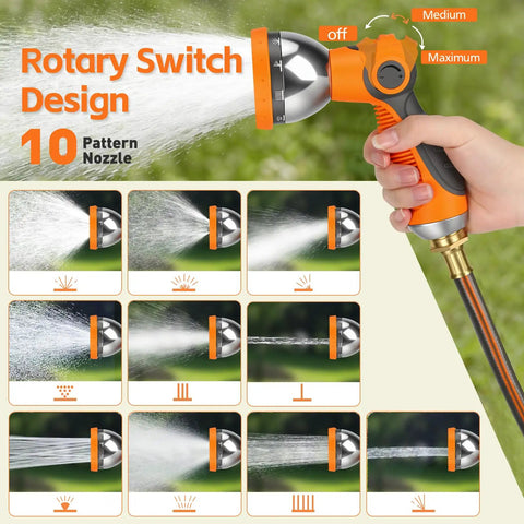 Retractable Garden Hose Reel With 100 Foot Hose, 10 pattern nozzle detail showing spray settings and rotary switch