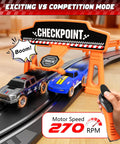 Epic Slot Car Race Track Set For Kids With 29 Foot Electric Track, showing 2 cars racing under LED overpass.