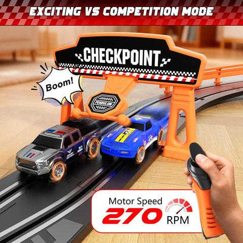 Epic Slot Car Race Track Set For Kids With 29 Foot Electric Track, showing 2 cars racing under LED overpass.
