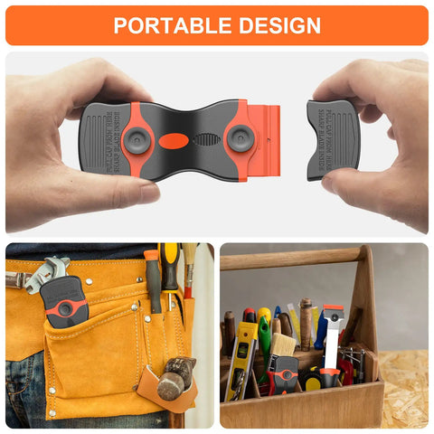 2-In-1 Razor Scraper Set With 30 Blades shown with tools in tool belt and workshop, highlighting portable design.