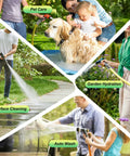 Collage of garden hose uses including pet care, garden hydration, surface cleaning, and auto wash. Various outdoor activities shown.