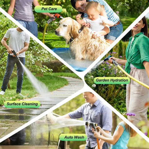 Collage of garden hose uses including pet care, garden hydration, surface cleaning, and auto wash. Various outdoor activities shown.