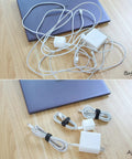 Tangled cables before and organized with 80 Count Reusable Cable Ties 6 Inch Black Self Fastening Ties For Tidy Cords And Tangle Free Cable Management