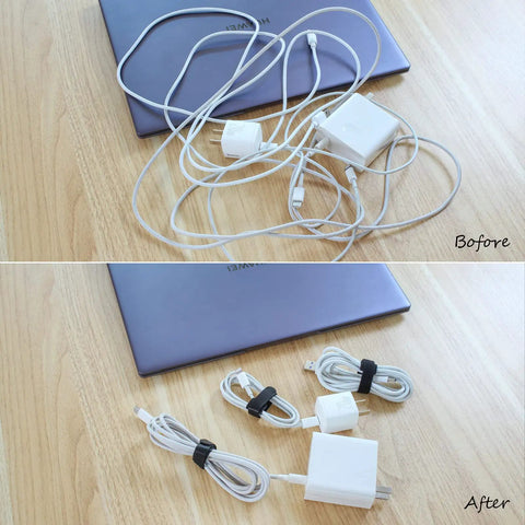 Tangled cables before and organized with 80 Count Reusable Cable Ties 6 Inch Black Self Fastening Ties For Tidy Cords And Tangle Free Cable Management