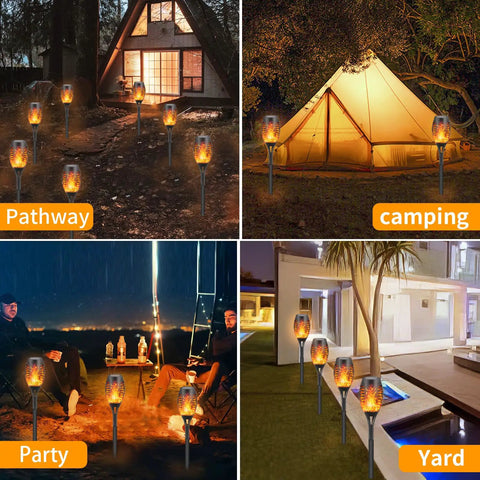Eight Pack Solar Flickering Flame Torches For Outdoors Waterproof Garden Lights illuminating pathway, camping site, party, and yard