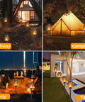6 Pack Solar Flickering Flame Torches Waterproof Outdoor Garden Lights For Yards Patio And Pathway Decor With Realistic Flame Effect Easy Setup Dope Glow Sun Powered lighting up various outdoor settings like pathways, camping, parties, and yards.
