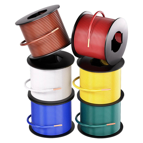 Six Color Red Blue Green Yellow Brown White 100ft Each 600ft Total 14 Gauge CCA Automotive Primary Wire Single Conductor Spool SAE J1128