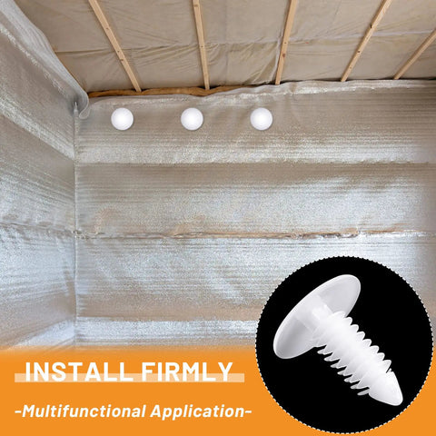 Top Notch Heavy Duty Christmas Fasteners And Vapor Barrier Clips In 1 Inch White secured to vapor barrier in insulated space.
