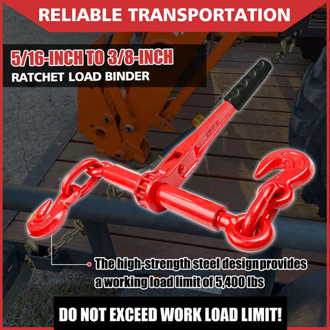 Heavy Duty Ratchet Chain Binders 5/16 To 3/8 Inch 5400 Lbs Safe Working Load 4 Pack With 2 Grab Hooks Tie Downs For Grade 70 Transport Chain Weatherproof Red Shell 15 Inch Handle Towing Ready, shown with steel design and working load details.