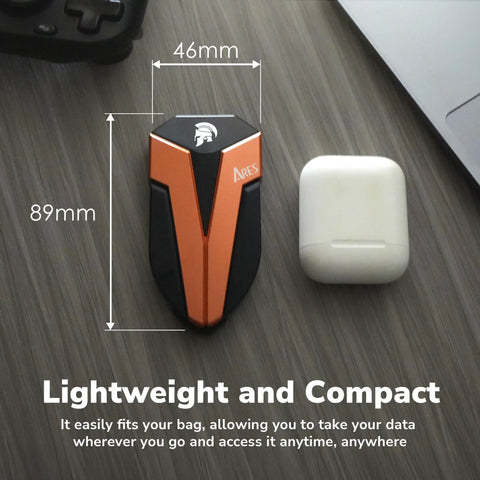 External 4TB SSD Portable Drive With USB 3.2 Gen 2x2 Type C OTG Support Rugged IP67 Waterproof next to AirPods