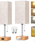 Set Of 2 Wood Table Lamps For Bedroom With 3 Color Modes Warm White Soft White Daylight White Pull Chain Nightstand Lamps With AC Outlets Compact Bedside Lights With 2 Bulbs For Living Room Kids Room Office Decor, showing lamps with beige shades and AC charging feature.