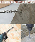 SDS Plus masonry drill bit, 1-1/8 in x 11 in, shown drilling concrete and brick with a rotary hammer drill.