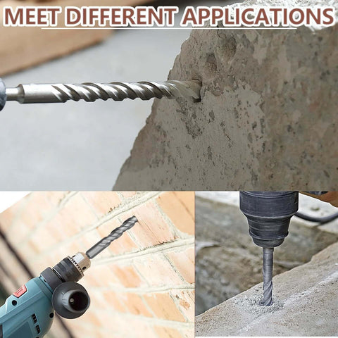 SDS Plus masonry drill bit, 1-1/8 in x 11 in, shown drilling concrete and brick with a rotary hammer drill.