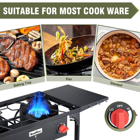 Two Burner Propane Camping Stove With One Touch Auto Ignition For Safer Easy Start, 150000 BTU, CSA Certified cooking surface