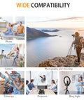 Montage of uses for 71 Inch Aluminum Camera Tripod Stand With Wireless Remote And Phone Holder in various photography setups
