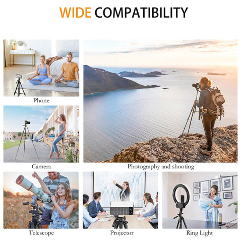 Montage of uses for 71 Inch Aluminum Camera Tripod Stand With Wireless Remote And Phone Holder in various photography setups