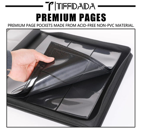 Hand flipping pages of Beast 9 Pocket Top Loader Binder For 3x4 Cards, showcasing dual-sided, side-loading entry design.