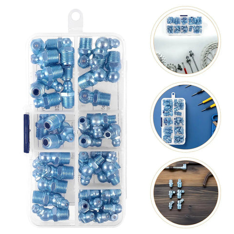 Solid Zinc Grease Fitting Assortment Kit With 100pcs Npt 45 Degree Hex Plugs For Easy Equipment Maintenance And Smooth Workflow In Your Shop, in plastic case