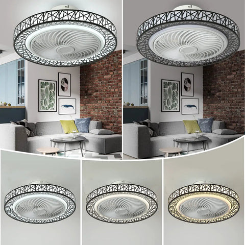 Bladeless 20 Inch Ceiling Fan With Lights And Remote Modern Enclosed Low Profile Black Housing 72W Dimmable LED displayed in a living room.