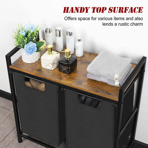 Two Section Laundry Hamper With Pull Out Dual 45L Bags And Wooden Shelf Removable Washable Sorter Bags Metal Frame For Laundry Room Dorm Bathroom Oxford Fabric Rustic Brown And Black with decorative items
