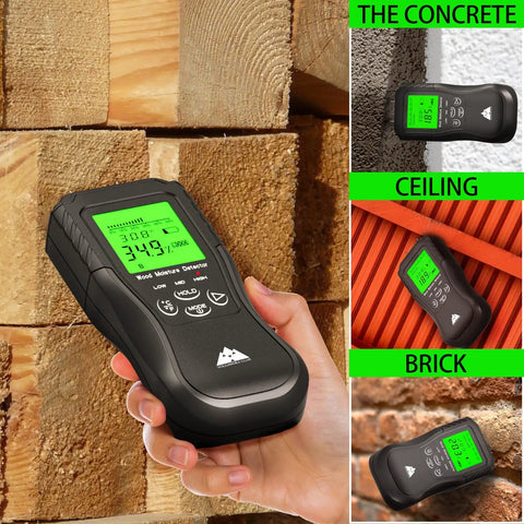 Digital Wood Moisture Meter With Pin Pro Sensor held against firewood, concrete, ceiling, and brick surfaces for moisture testing.