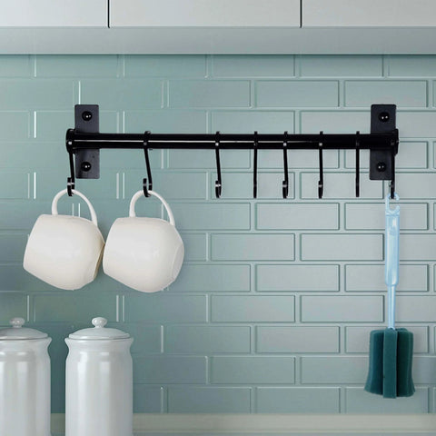 Black wall-mounted kitchen rail with 8 hooks holding mugs and utensils, part of Kitchen Utensil Holder Hanger, Pot and Pan Rack Pack of 2