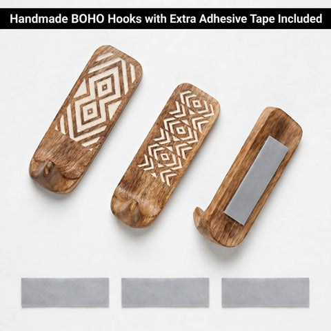 Top Tier Boho Wood Peel And Stick Wall Hooks Featuring A Seriously Strong Adhesive Grip, showing three handcrafted hooks with adhesive.