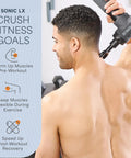 Man using Sonic LX Heated Massage Gun for deep tissue recovery on shoulder with infographic detailing benefits.