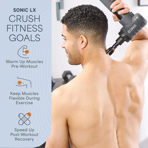 Man using Sonic LX Heated Massage Gun for deep tissue recovery on shoulder with infographic detailing benefits.