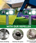 2 Pack Solar Ultrasonic Deer Repellent With Motion Sensor And Bright LED Strobe To Keep Deer Squirrels Raccoons Skunks Cats And Other Critters Off Your Yard IP65 Waterproof Outdoor Deterrent installed in a yard