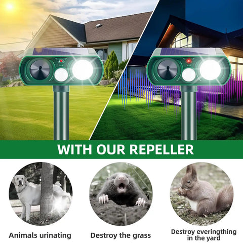 2 Pack Solar Ultrasonic Deer Repellent With Motion Sensor And Bright LED Strobe To Keep Deer Squirrels Raccoons Skunks Cats And Other Critters Off Your Yard IP65 Waterproof Outdoor Deterrent installed in a yard