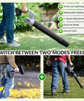 Cordless Electric Leaf Blower Beast Power With 680 CFM And 200 MPH Air 5 Speed Dial Dual Battery Pack And Charger shown in use
